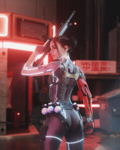 Darian Rojas in a sleek neon-lit outfit stands poised with a rifle set against a backdrop of a dimly lit urban environment.